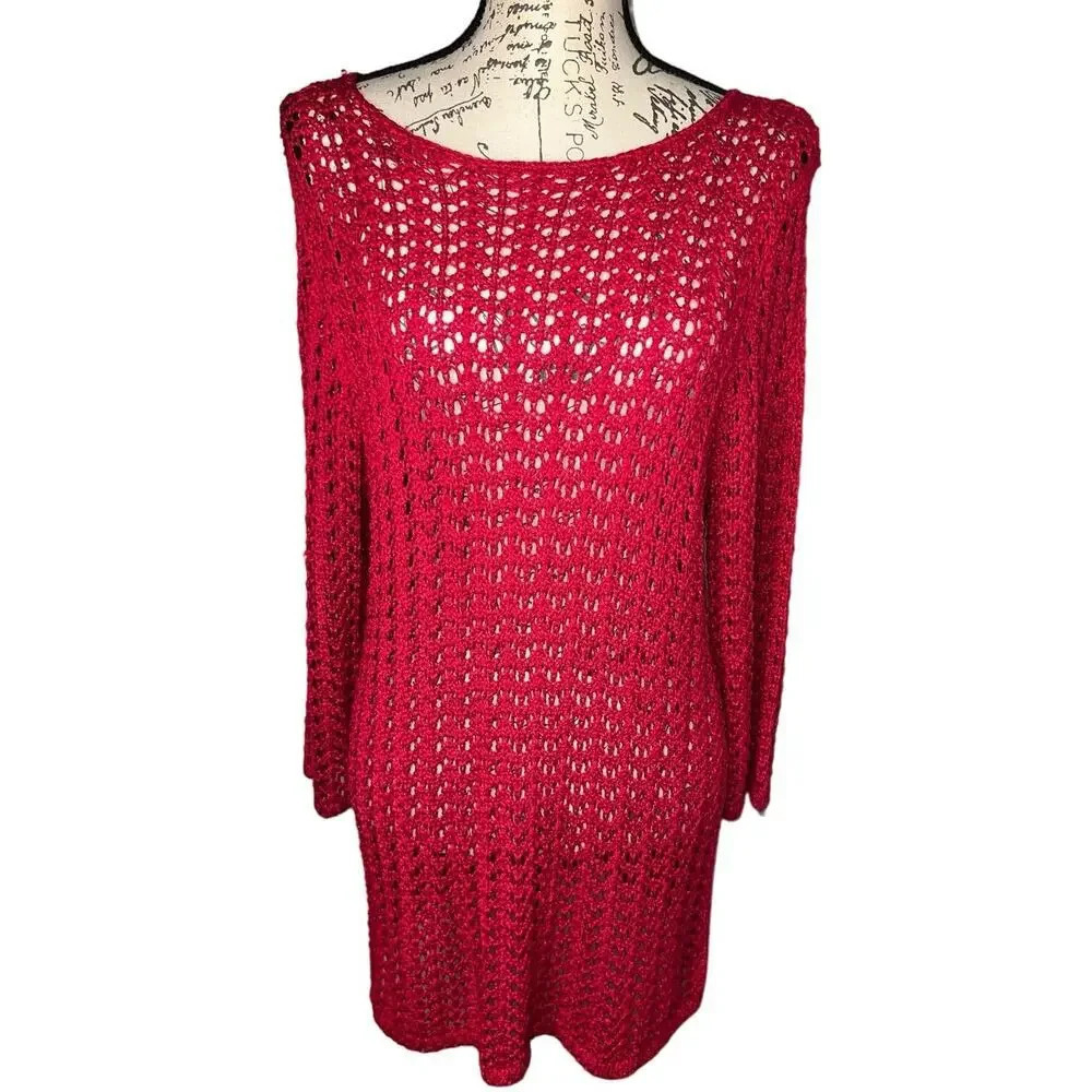 Chicos 2,US Large open knit coral 3/4 Sleeves cottage core pull over sweater 